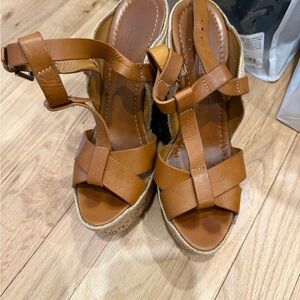 Ralph Lauren Brown Leather Espadrille Wedge Sandals